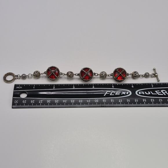 Vintage Medieval Victorian Style Bracelet Silver-tone and Red Stone Toggle Close - Picture 7 of 16